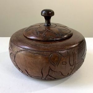 Vintage Hand Carved Wooden Bowl Trinket Container With Lid Rhinoceros & Leaves